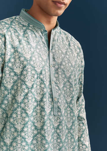 Teal Blue Silk Printed Kurta Set For Men With Thread Work