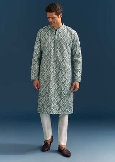 Teal Blue Silk Printed Kurta Set For Men With Thread Work