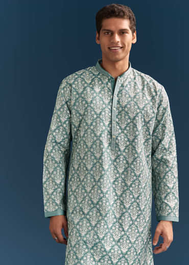 Teal Blue Silk Printed Kurta Set For Men With Thread Work