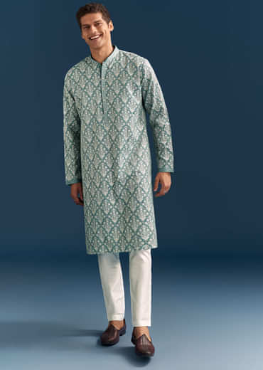 Teal Blue Silk Printed Kurta Set For Men With Thread Work