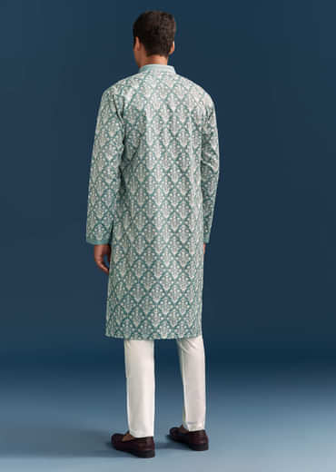 Teal Blue Silk Printed Kurta Set For Men With Thread Work