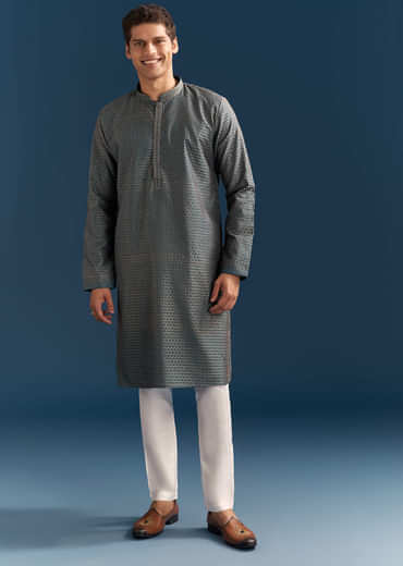Blue Silk Textured Kurta Set For Men With Embroidery