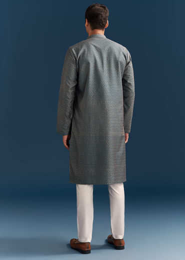 Blue Silk Textured Kurta Set For Men With Embroidery