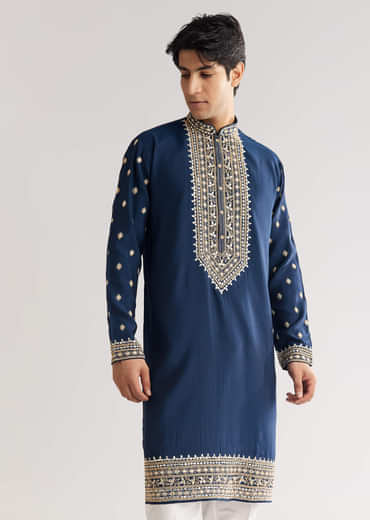Blue Silk Yoke Embroidered Kurta Set With Gotta And Resham Work