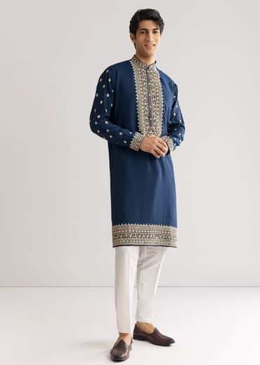 Blue Silk Yoke Embroidered Kurta Set With Gotta And Resham Work