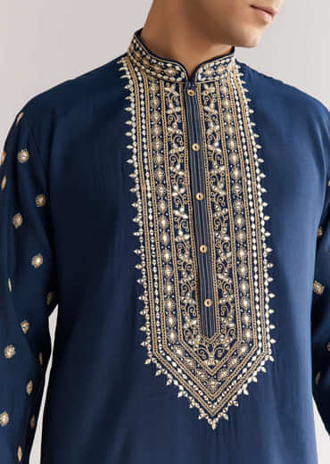 Blue Silk Yoke Embroidered Kurta Set With Gotta And Resham Work