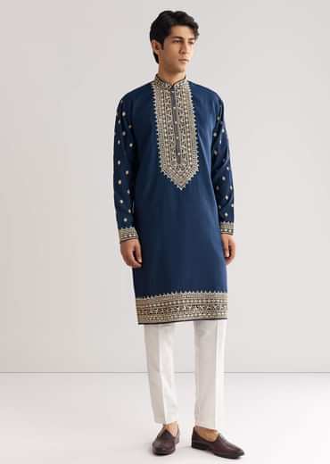 Blue Silk Yoke Embroidered Kurta Set With Gotta And Resham Work