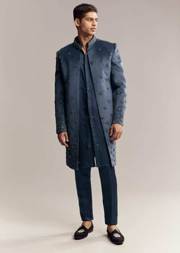 Blue Suede Indo Western For Men With Aari Embroidery