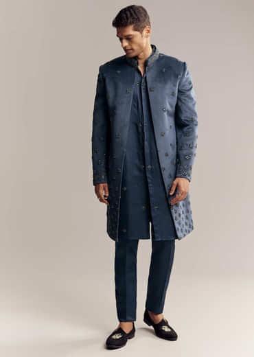 Blue Suede Indo Western For Men With Aari Embroidery