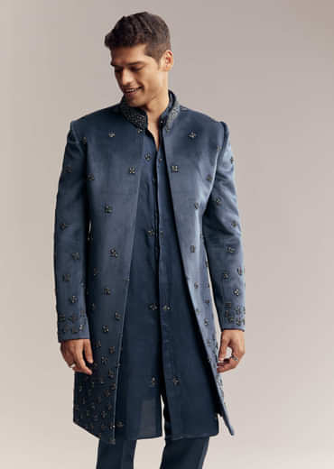 Blue Suede Indo Western For Men With Aari Embroidery