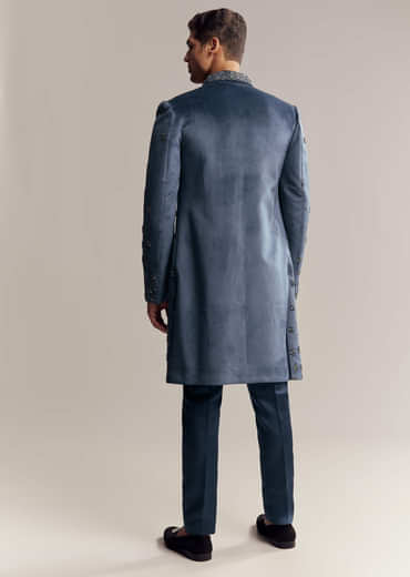 Blue Suede Indo Western For Men With Aari Embroidery