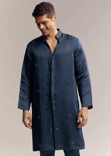 Blue Suede Indo Western For Men With Aari Embroidery
