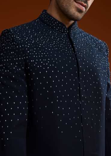 Blue Suiting Indo Jacket Set With Shimmering Embellishments