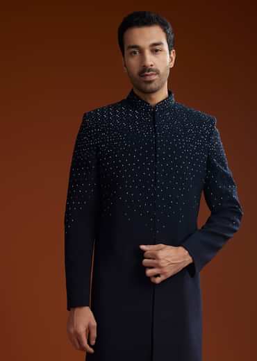 Blue Suiting Indo Jacket Set With Shimmering Embellishments