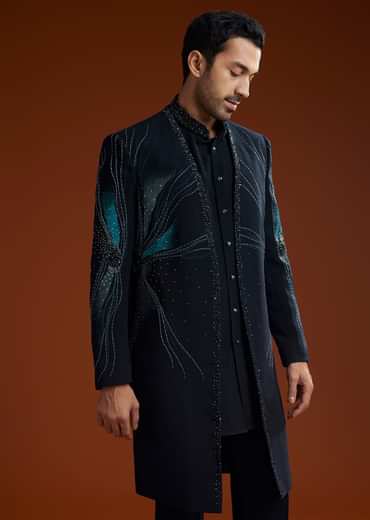 Blue Suiting Indo Jacket Set With Starlit Cutdana Work