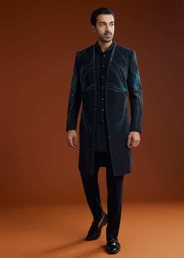 Blue Suiting Indo Jacket Set With Starlit Cutdana Work