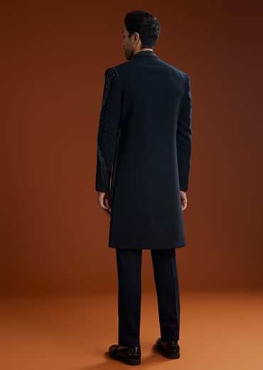 Blue Suiting Indo Jacket Set With Starlit Cutdana Work