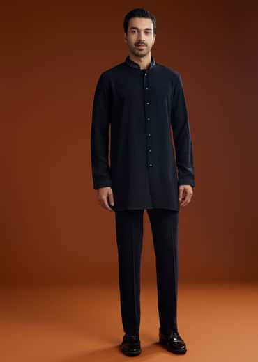 Blue Suiting Indo Jacket Set With Starlit Cutdana Work