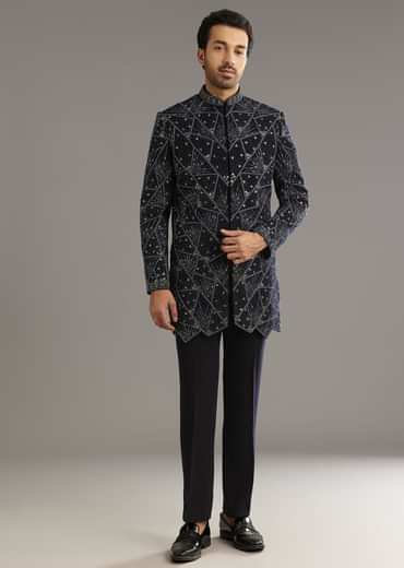 Blue Suiting Indo Western Set With Beaded Work