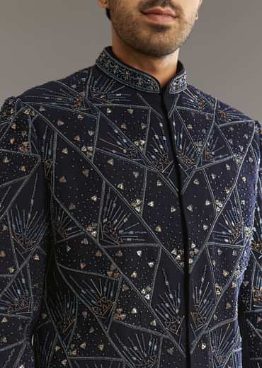 Blue Suiting Indo Western Set With Beaded Work