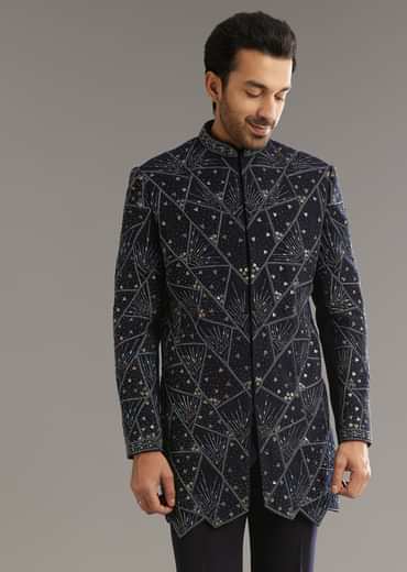 Blue Suiting Indo Western Set With Beaded Work
