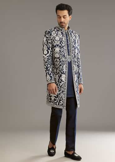 Blue Suiting Indo Western Set With Floral Embroidery