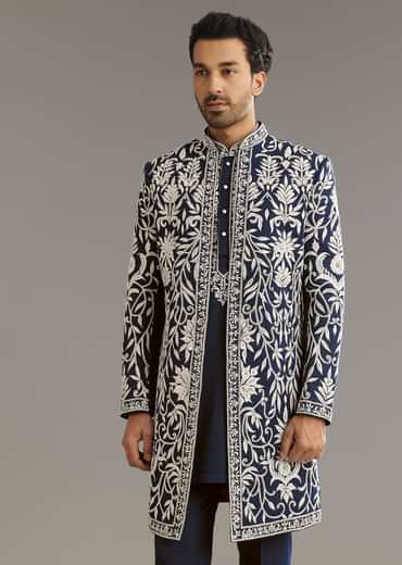Blue Suiting Indo Western Set With Floral Embroidery