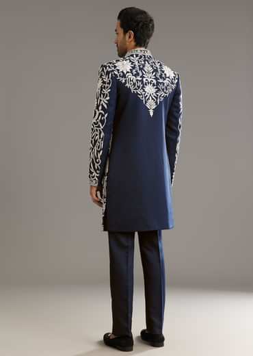 Blue Suiting Indo Western Set With Floral Embroidery
