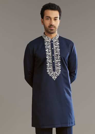 Blue Suiting Indo Western Set With Floral Embroidery