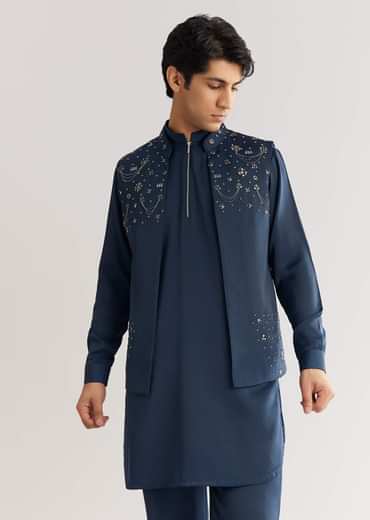 Blue Suiting Jacket Kurta Set With Metal Work