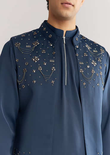 Blue Suiting Jacket Kurta Set With Metal Work