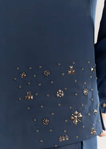 Blue Suiting Jacket Kurta Set With Metal Work