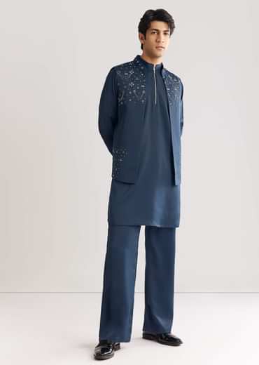 Blue Suiting Jacket Kurta Set With Metal Work