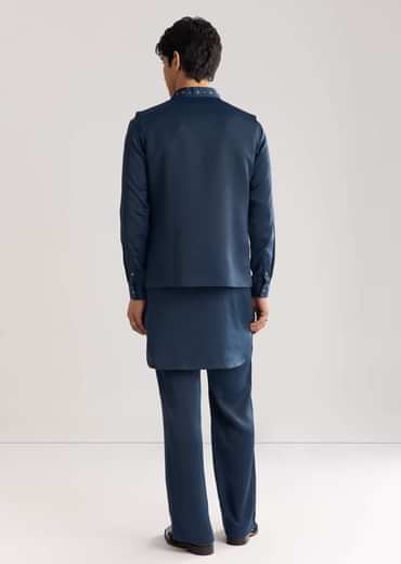 Blue Suiting Jacket Kurta Set With Metal Work