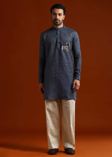 Blue Textured Kurta Set For Men With Resham Embroidery