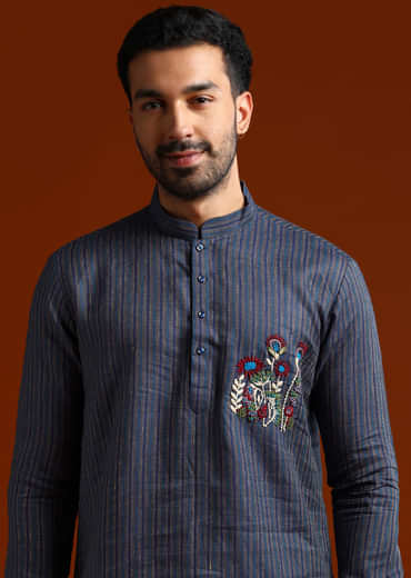 Blue Textured Kurta Set For Men With Resham Embroidery