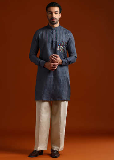 Blue Textured Kurta Set For Men With Resham Embroidery