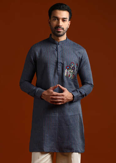 Blue Textured Kurta Set For Men With Resham Embroidery