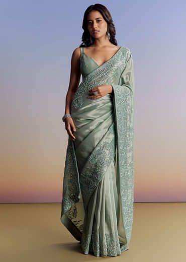 Blue Tissue Saree With Cutdana Sequins And Beads Embroidered Border