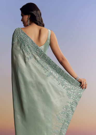 Blue Tissue Saree With Cutdana Sequins And Beads Embroidered Border