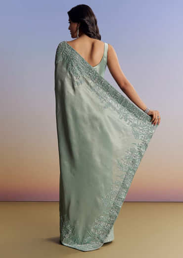 Blue Tissue Saree With Cutdana Sequins And Beads Embroidered Border