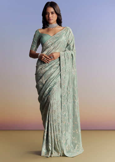 Blue Tissue Saree With Cutdana Sequins And Beads Hand Embroidery