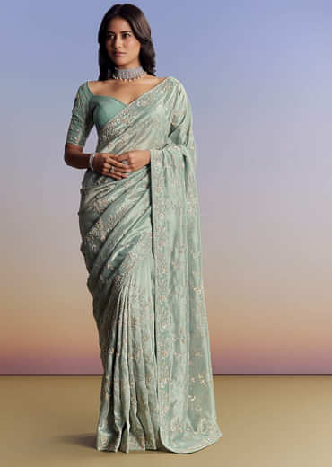 Blue Tissue Saree With Cutdana Sequins And Beads Hand Embroidery