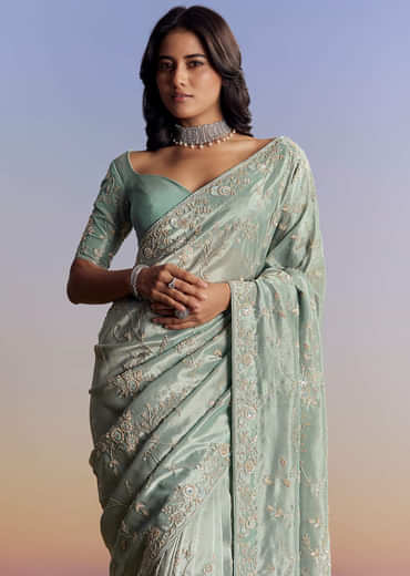 Blue Tissue Saree With Cutdana Sequins And Beads Hand Embroidery