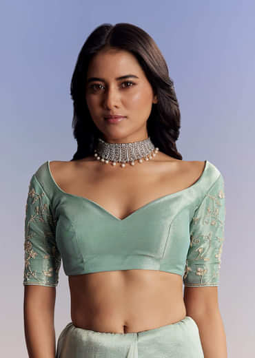 Blue Tissue Saree With Cutdana Sequins And Beads Hand Embroidery