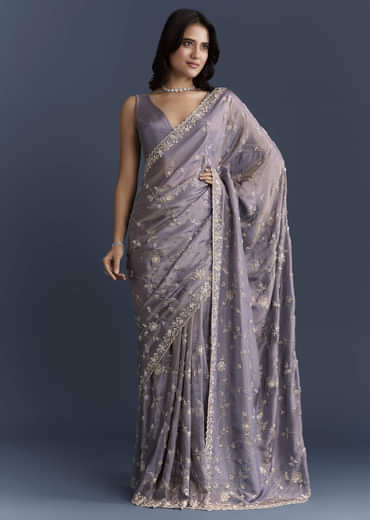 Blue Tissue Saree With Heavy Hand Embroidery