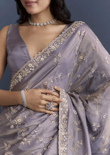 Blue Tissue Saree With Heavy Hand Embroidery