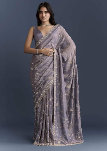 Blue Tissue Saree With Heavy Hand Embroidery