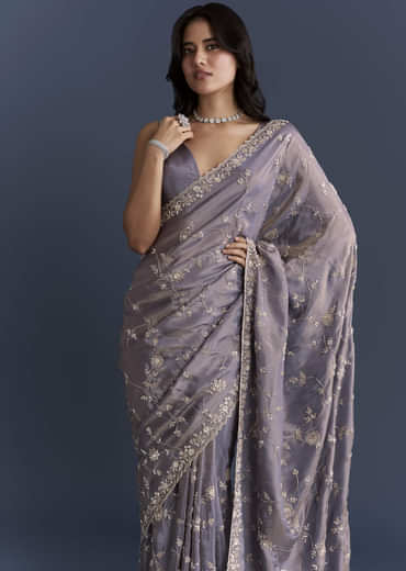 Blue Tissue Saree With Heavy Hand Embroidery