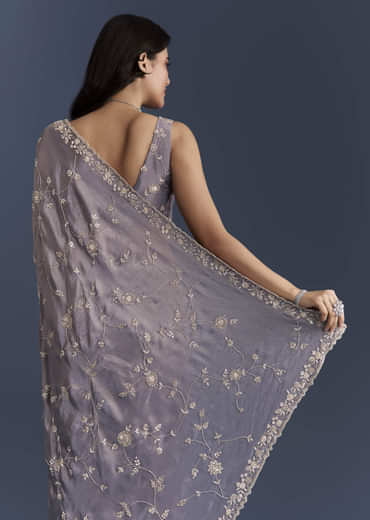 Blue Tissue Saree With Heavy Hand Embroidery